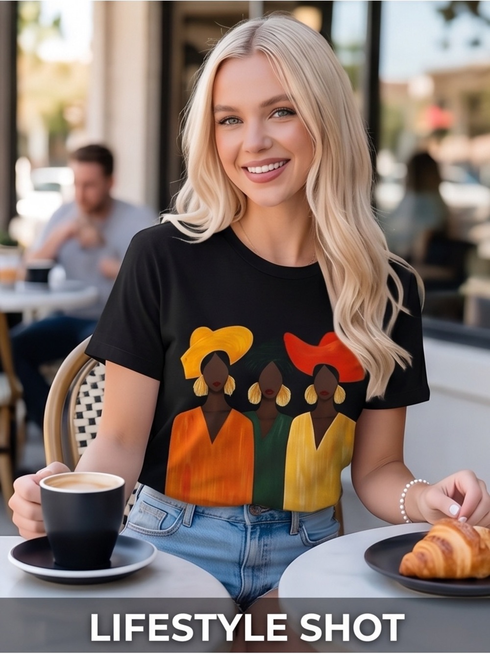 Black Graphic Womens T-Shirt with Colorful Trio Illustration